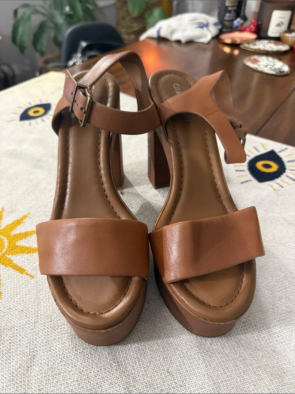 Gianni Bini Women's Tan Platform Block Heel Sandals with Ankle Strap